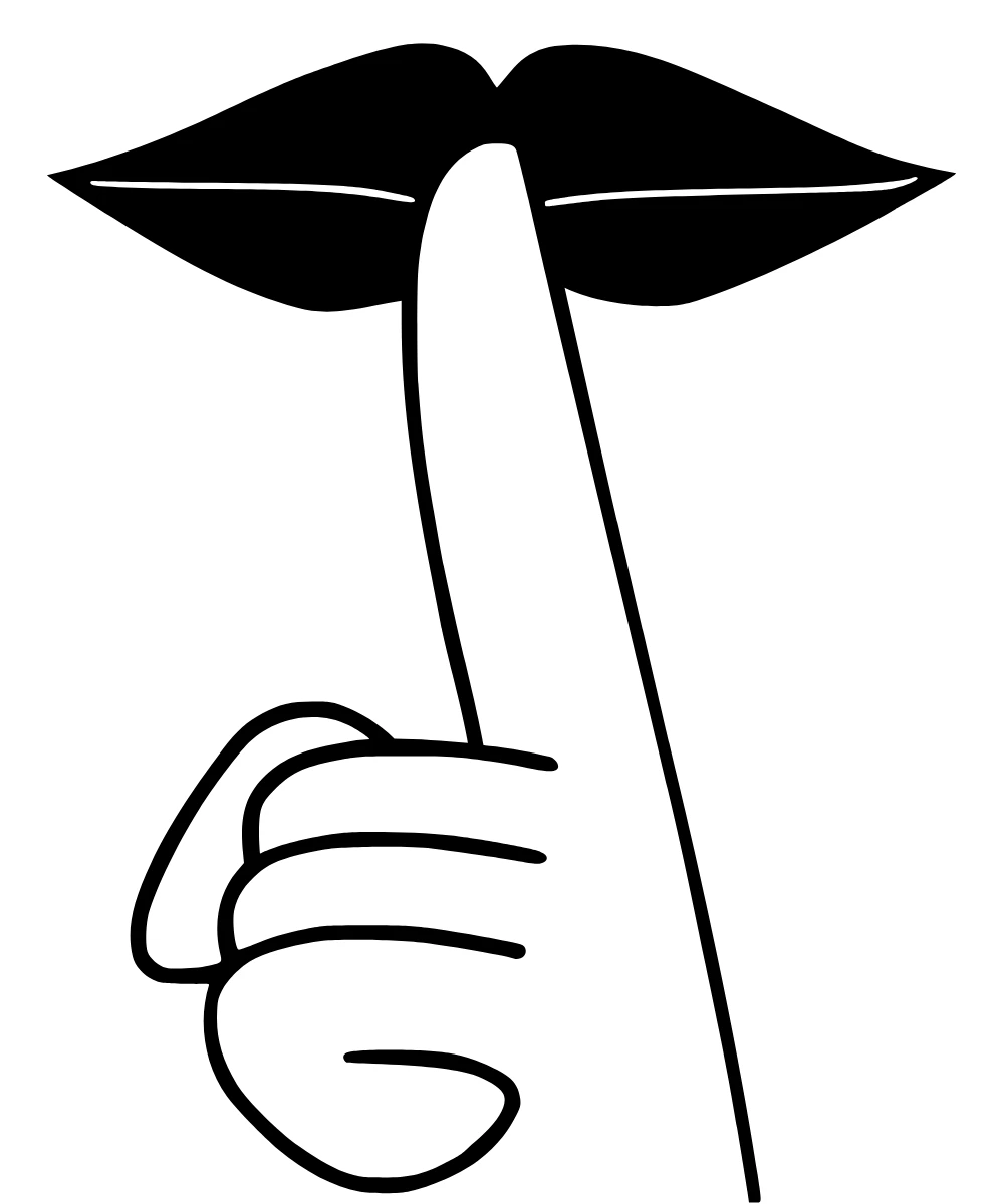 Minimalist black-and-white illustration of a finger held over closed lips, symbolizing ‘shh’ or silence