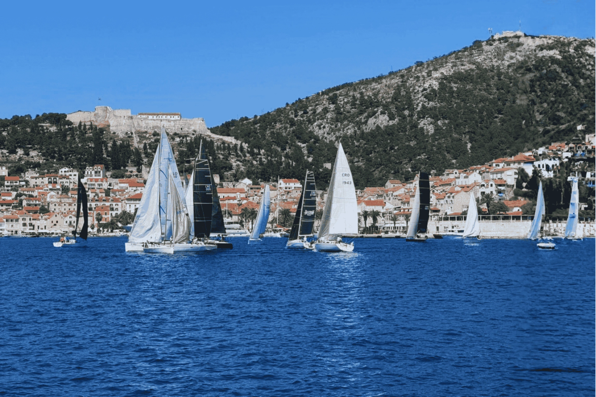Sailboats racing in the waters of Hvar, with the town’s stone houses and Spanish Fortress visible in the background