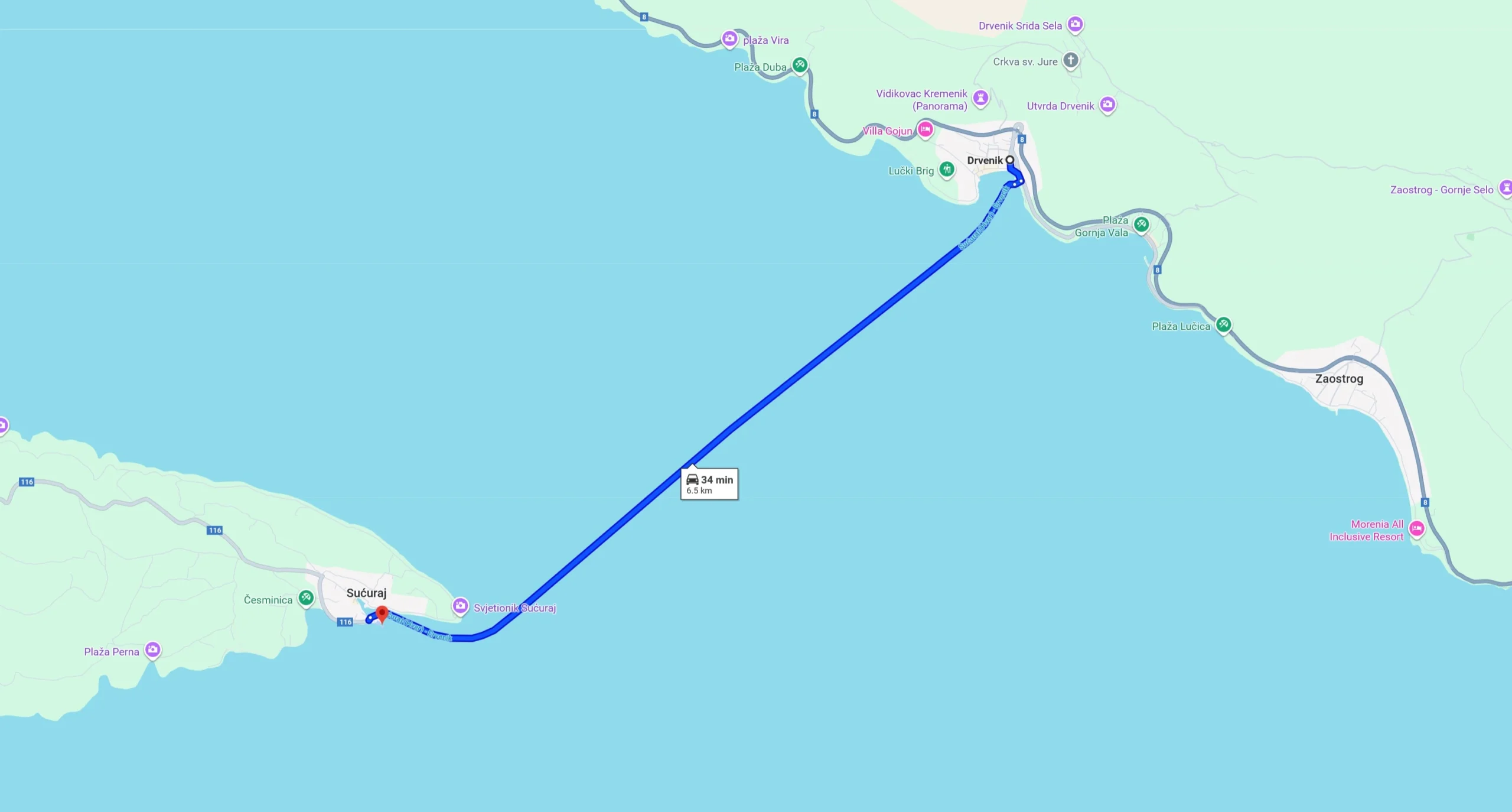 image is showing the ferry route running from Drvenik, Croatia to Sućuraj,Croatia