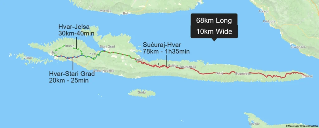 Map of Hvar Island showing driving distances and times: Hvar–Stari Grad (20 km, 25 min), Hvar–Jelsa (30 km, 40 min), and Sućuraj–Hvar (78 km, 1 h 35 min), with the island’s total size marked as 68 km long and 10 km wide