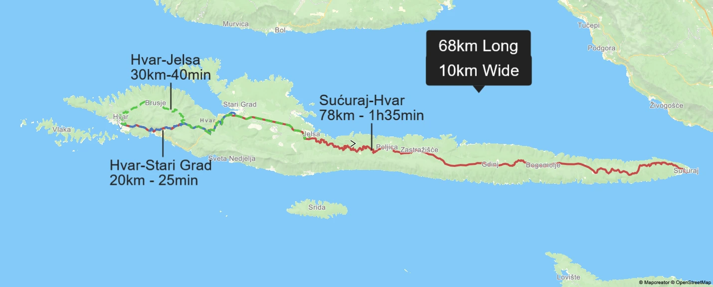 Carte de l'île de Hvar indiquant les distances et les temps de trajet : Hvar–Stari Grad (20 km, 25 min), Hvar–Jelsa (30 km, 40 min) et Sućuraj–Hvar (78 km, 1 h 35 min). La superficie totale de l'île est de 68 km de long et 10 km de large.