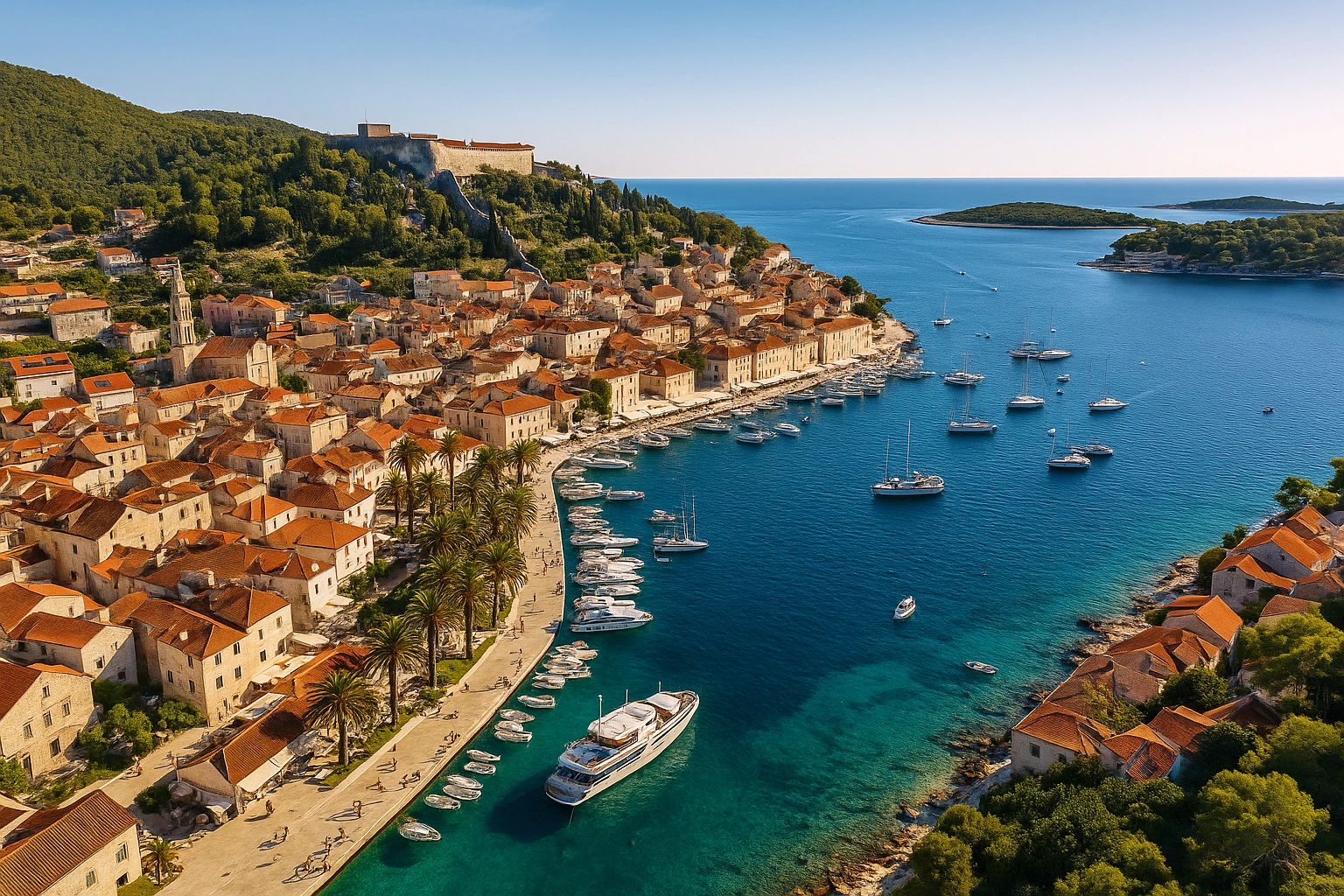 Vue aérienne en plongée de la ville de Hvar, dévoilant ses toits de tuiles, ses bâtiments historiques en pierre, ses collines verdoyantes et la mer Adriatique d'un bleu profond parsemée de petites îles et de bateaux.
