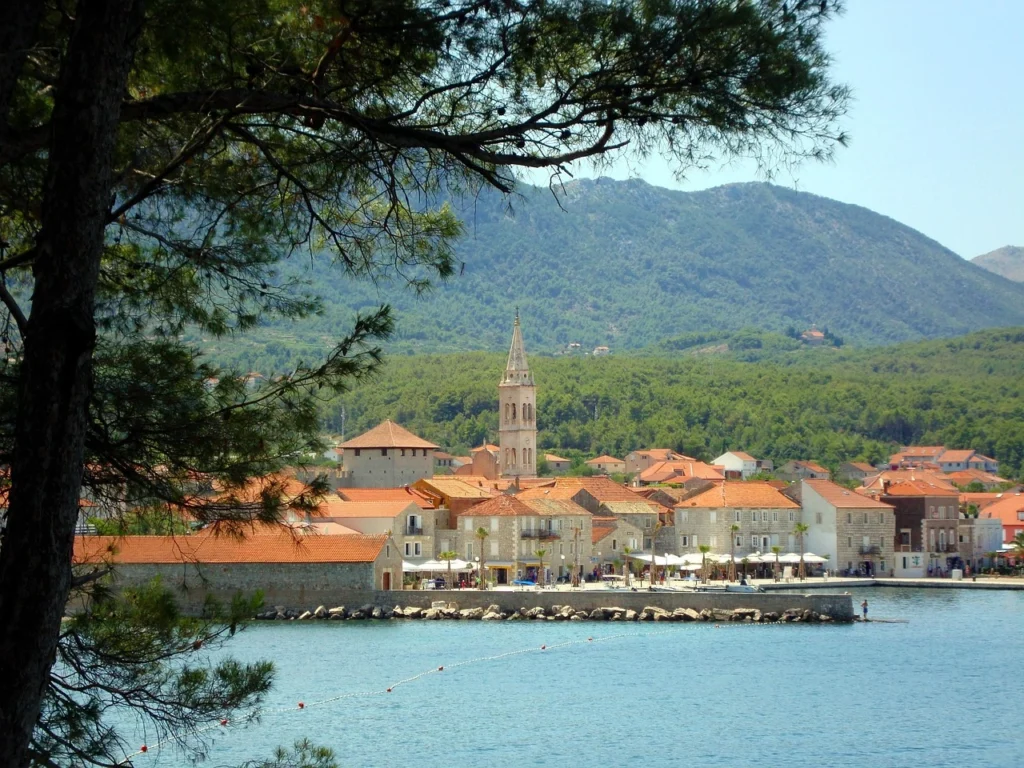 Scenic view of Jelsa’s waterfront with stone buildings and a tall church bell tower, framed by pine branches and backed by green forested hills