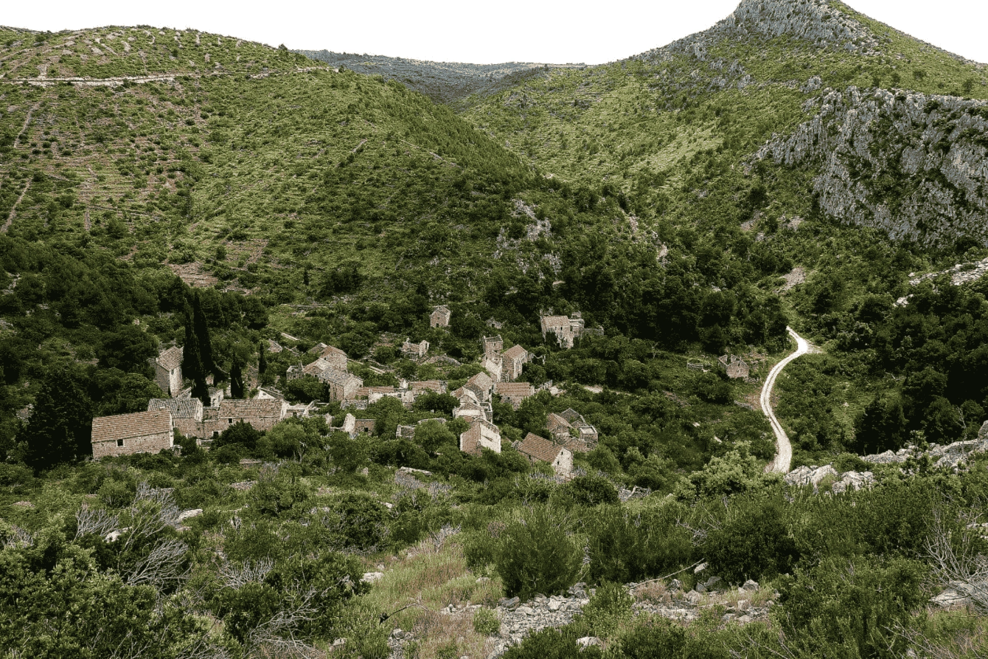 An abandoned stone village nestled in a green valley on Hvar Island, Croatia, known as Malo Grablje.
